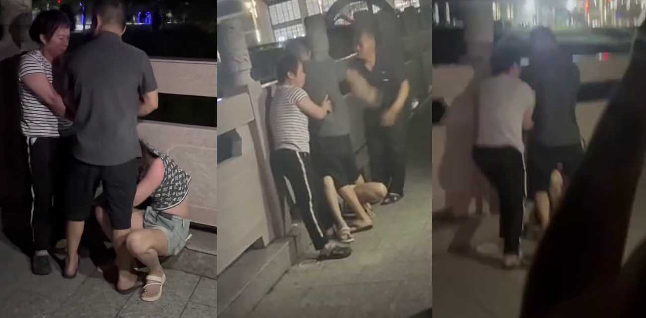 大型抓奸现场 老头护小三被原配狂扇耳光 抓头发撕扯太激烈！