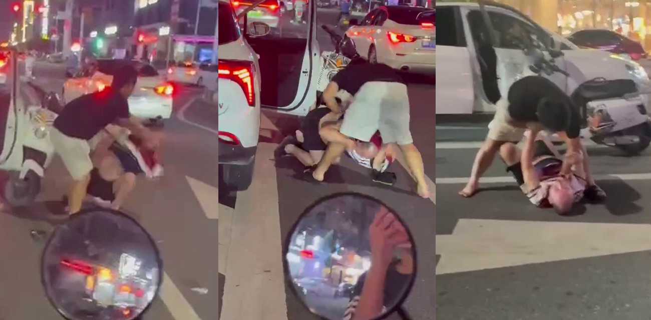 路怒大哥电动车逆行掉头 白车司机直接把她按地摩擦 现场别提多刺激了！