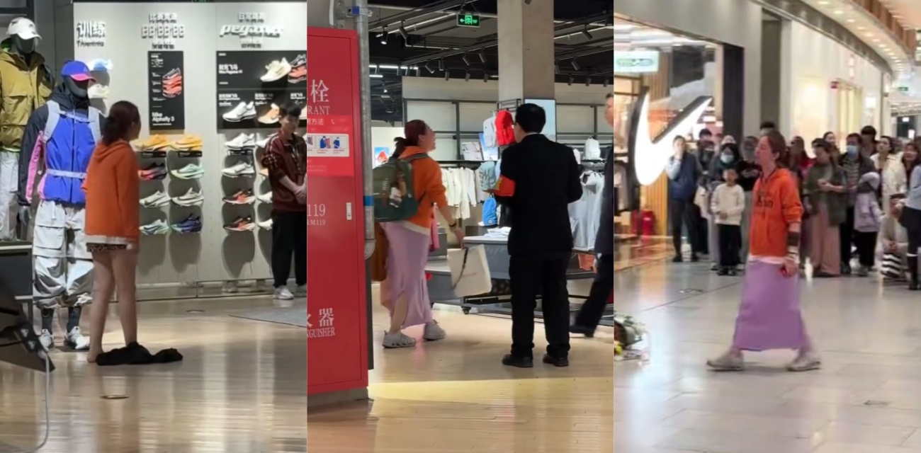 女子大闹北京荟聚购物中心 女子在Nike专卖店被店员拒退现金开始大闹被警方带走