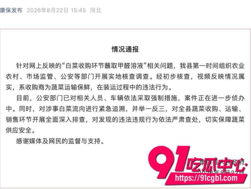 河北张家口甲醛白菜事件引发震动 博主渔猎齐哥暗访大白菜装车前蘸取甲醛保鲜内幕