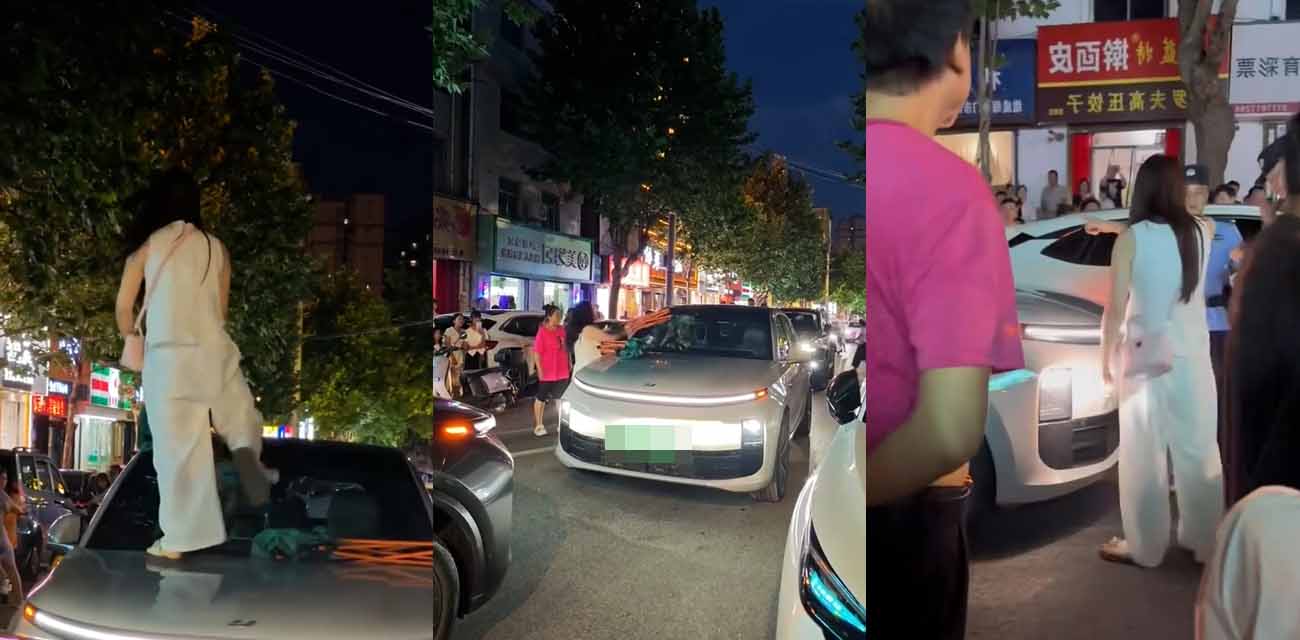 陕西洛南原配抓小三砸车事件 理想新能源电车被人群围在中间 原配站在车前挡疯狂砸玻璃